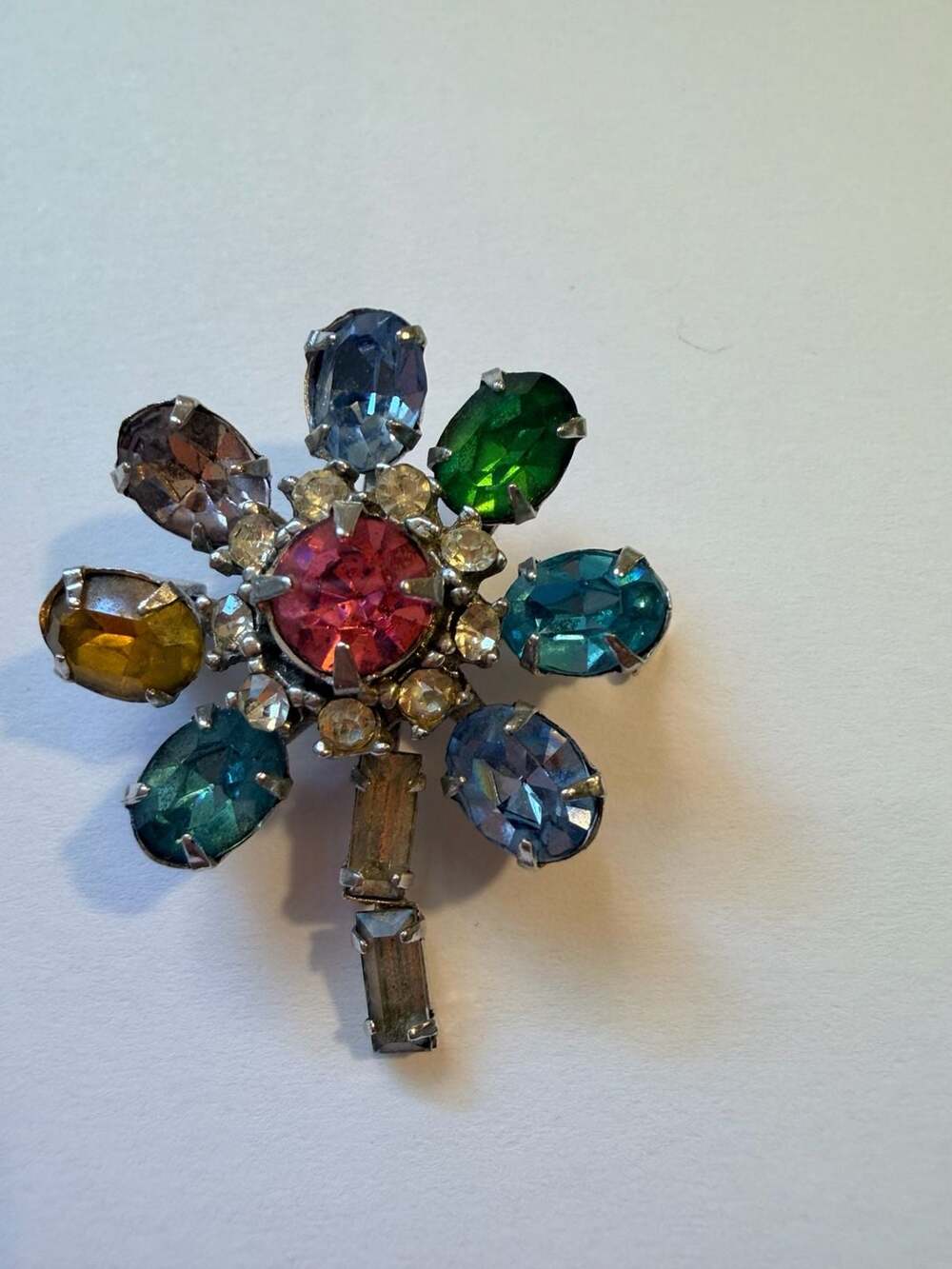 Vintage Unsigned Multi-Color Rhinestone Flower Brooch Pin Silver Tone